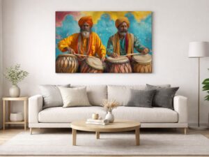 Wall art canvas mockup showing traditional Indian musicians painting in modern living room