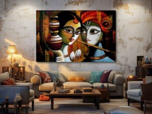 Modern abstract painting of Radha and Krishna with a flute and pots, vibrant earth-toned Indian folk art on a living room wall.