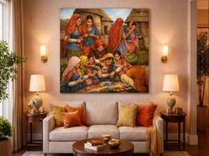 Vibrant painting of Indian village women in traditional red and orange sarees gathered in a rural setting for home wall decor.
