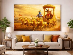 Lord Krishna and Arjuna on Chariot During Mahabharata War Canvas Wall Art