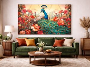 Majestic blue peacock perched among red flowers, luxury canvas wall art for living room decoration.